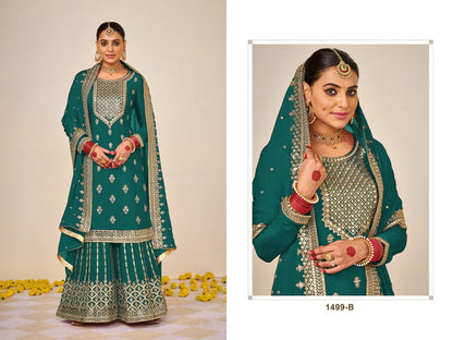 1499 Heavy Faux Georgette with Embroidery Foil work Sharara Suit Designer Suits shopindi.sg 1499 B 34 