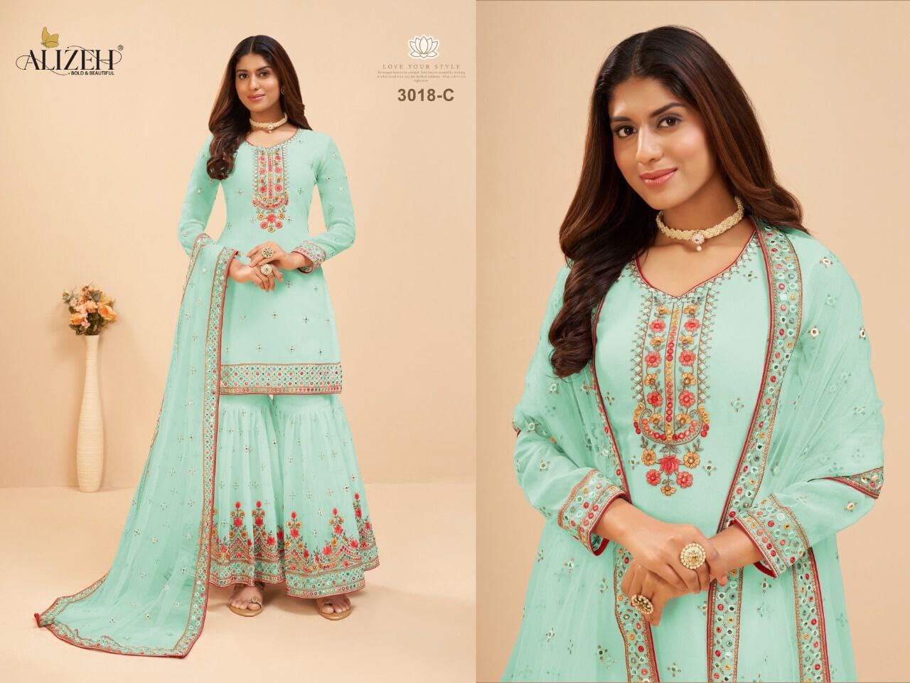 3018 C Heavy Georgette Embroidered Plazzo Suit designer Suits Alizeh 