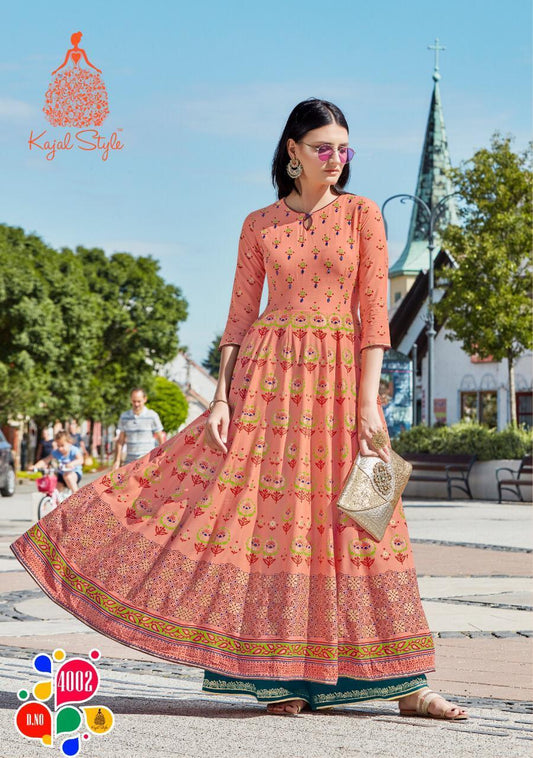 4002 Colorbar Long Rayon Anarkali Dress/Gown with Pal Print - Shopindiapparels.com