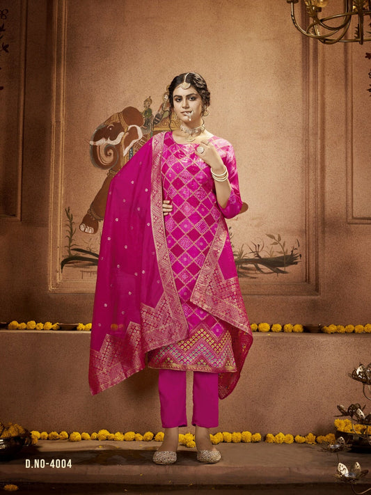 4004 Banarasi Dola Silk Designer Ready Made Straight Cut Suit Kurti with Bottom and Dupatta Shopin Di Apparels 