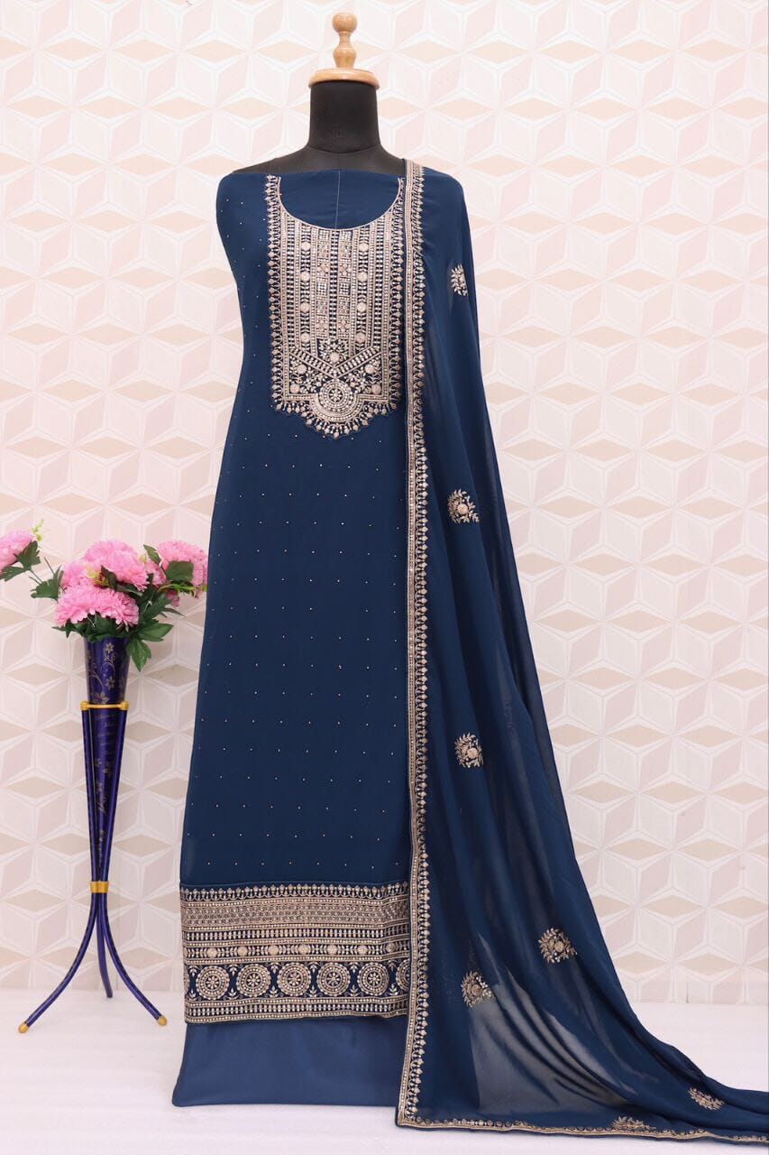 9338 Heavy Faux Georgette with Embroidery and Sequence work Plazzo Suit in 5 colors designer Suits shopindi.sg 