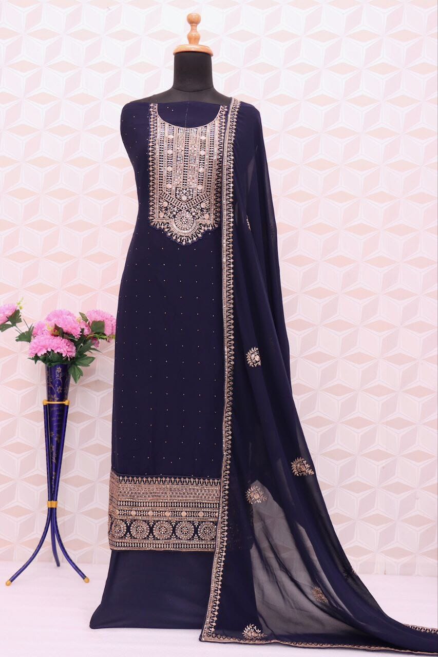 9338 Heavy Faux Georgette with Embroidery and Sequence work Plazzo Suit in 5 colors designer Suits shopindi.sg 