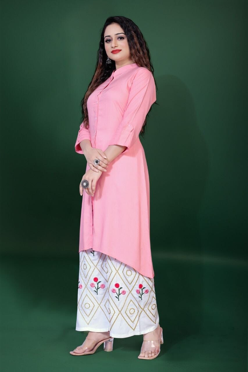 A line Rayon Kurti with Embroidered Plazzo Sets in 4 colors Kurti with Plazzo shopindi.sg 