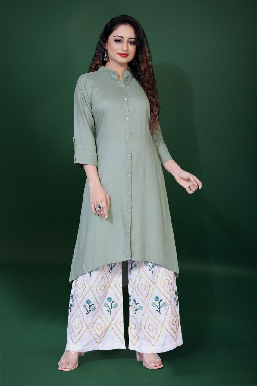 A line Rayon Kurti with Embroidered Plazzo Sets in 4 colors Kurti with Plazzo shopindi.sg 