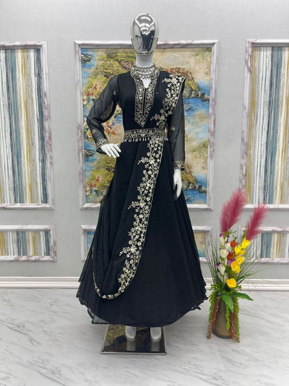 AD 091 Party Wear Look Gown & Attached Dupatta With Waist Belt Set designer Gowns shopindi.sg 