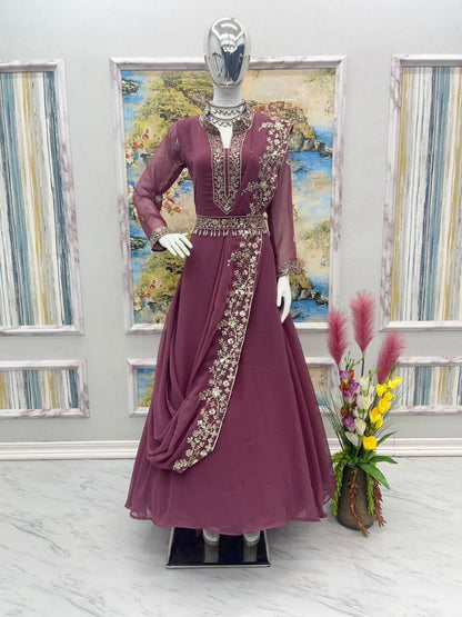 AD 091 Party Wear Look Gown & Attached Dupatta With Waist Belt Set designer Gowns shopindi.sg 