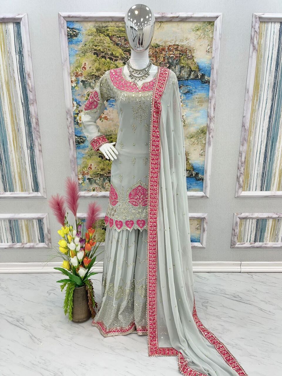 AD 104 Party Wear Heavy Georgette Sequence work Plazzo Suit Designer Suits shopindi.sg 