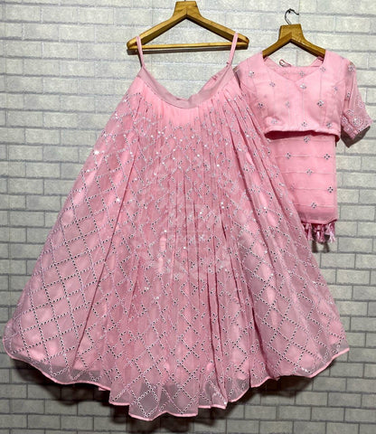 Baby Pink Wedding Elegant Mirror Work Lehenga Choli 3pc Lehenga Shopindiapparels.com 