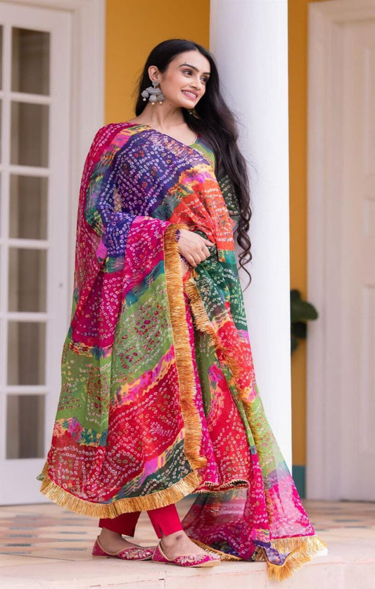 Bandhani Print Multi Color Georgette Gown with Dupatta gown shopindi.sg 