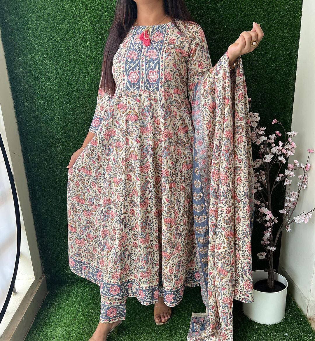 Beautiful Printed Anarkali Kurti with Bottom and Dupatta Kurti with Dupatta and Bottom shopindi.sg 