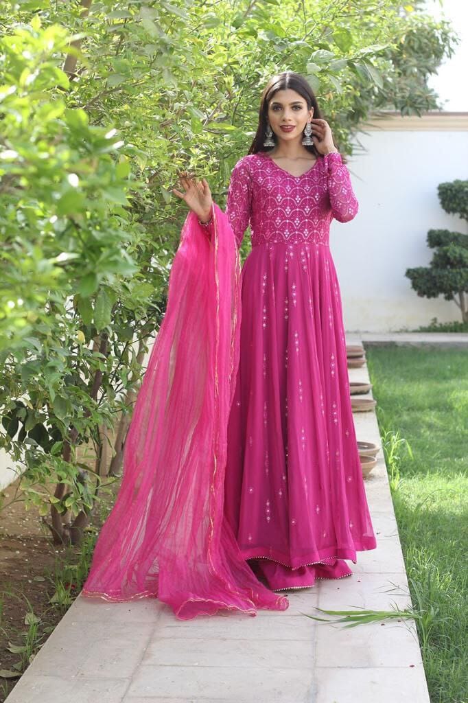 Beautiful Rani Pink Georgette Gown with Dupatta Gown with Dupatta Shopin Di Apparels 