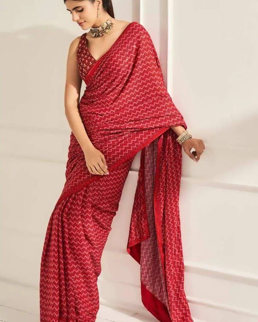 Beautiful Soft Georgette with Sequence Work Saree Designer Saree Shopindiapparels.com Red 