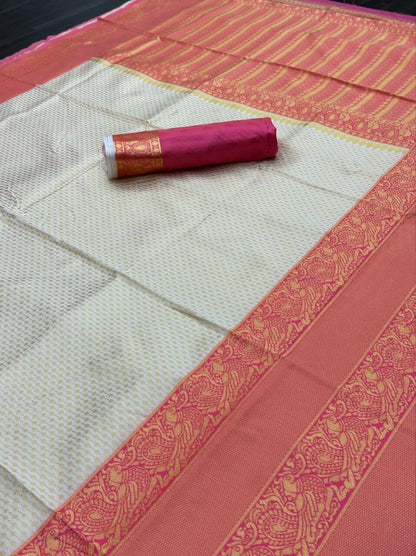 Beige Pink Kadwa Weave Lichi Banarasi Saree shopindi.sg 