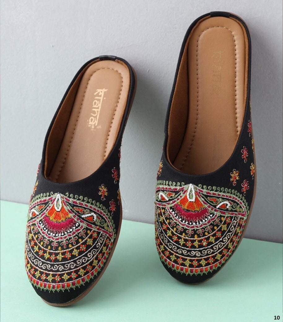 Black Designer Embroidered Mojaris Indian Covered Shoes Mojaries Kiana 