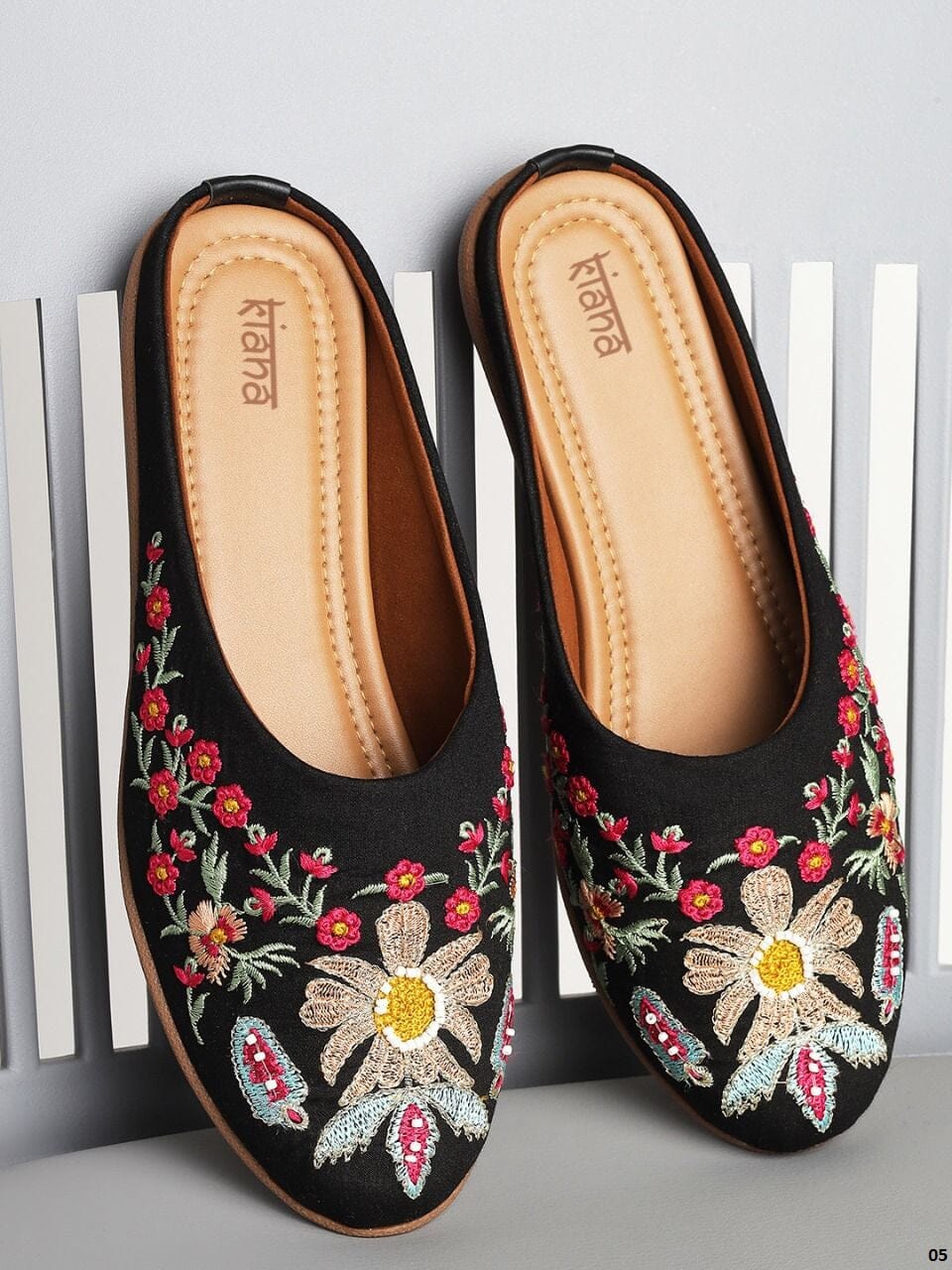 Black Designer Floral Embroidered Mojaris Indian Covered Shoes Mojaries Kiana 