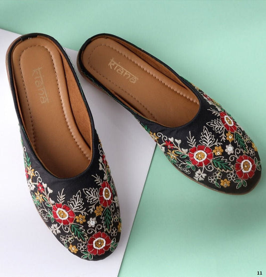 Black Designer Floral Embroidered Mojaris Indian Covered Shoes Mojaries Kiana 