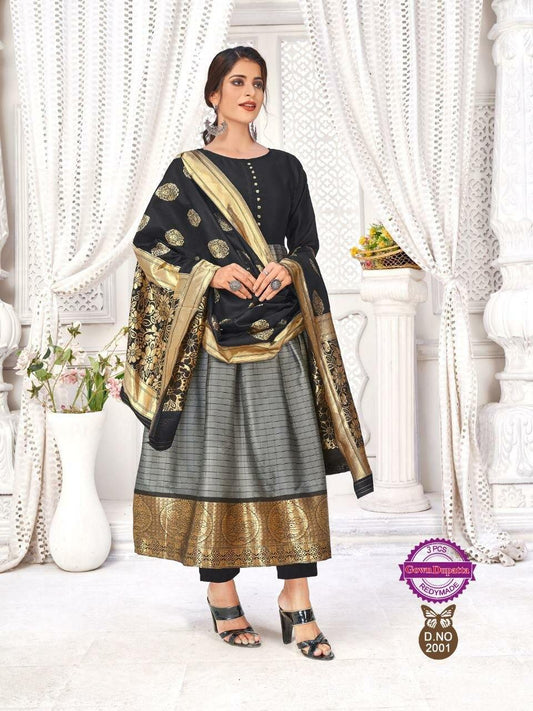 Black Designer Silk Gown with Banarasi Dupatta Gowns Shopindiapparels.com 