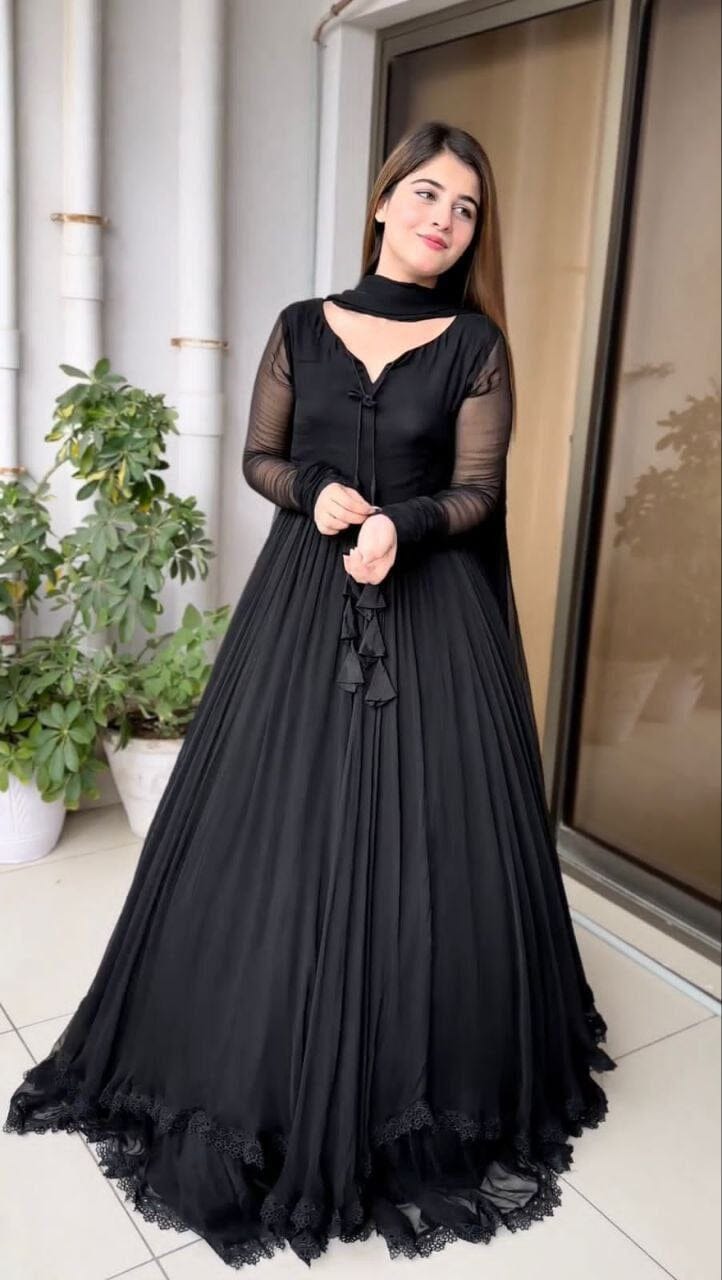 Black Faux Georgette Lace work Gown with Dupatta Gown with Dupatta Shopin Di Apparels 