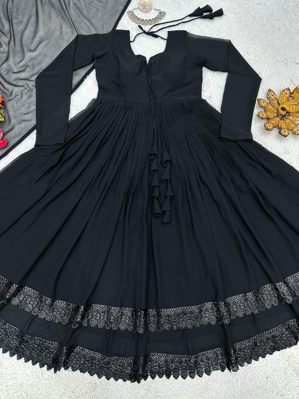 Black Faux Georgette Lace work Gown with Dupatta Gown with Dupatta Shopin Di Apparels 