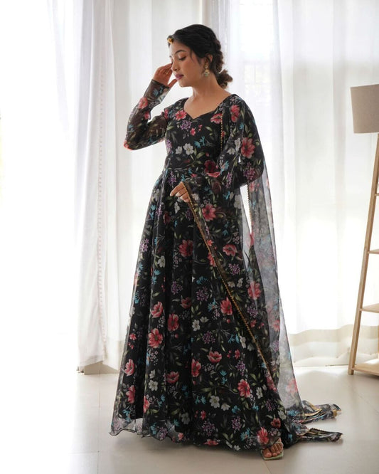 Black Georgette Gown with Floral Digital Printed Dupatta Gown with Dupatta Shopindiapparels.com 