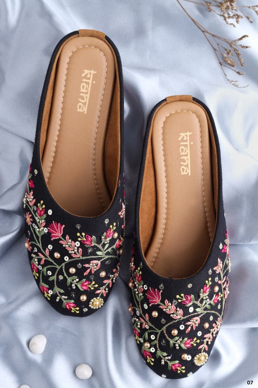 Black Pink Designer Floral Embroidered Mojaris Indian Covered Shoes Mojaries Kiana 