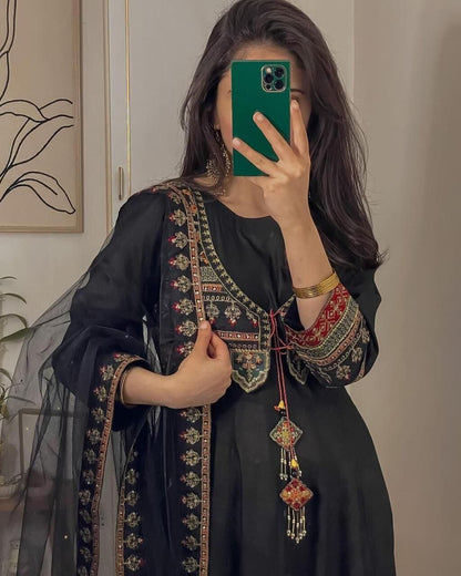 Black Rajwadi Silk Sequence Work Anarkali Top with Dupatta Gown with Dupatta Shopin Di Apparels 