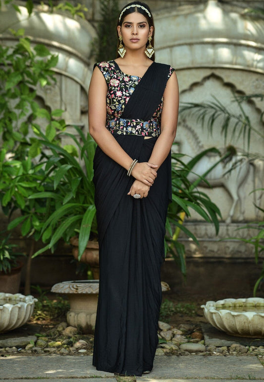Black Solid Pleated Designer Ruffle Ready To Wear Saree Ready to Wear Saree Shopin Di Apparels 