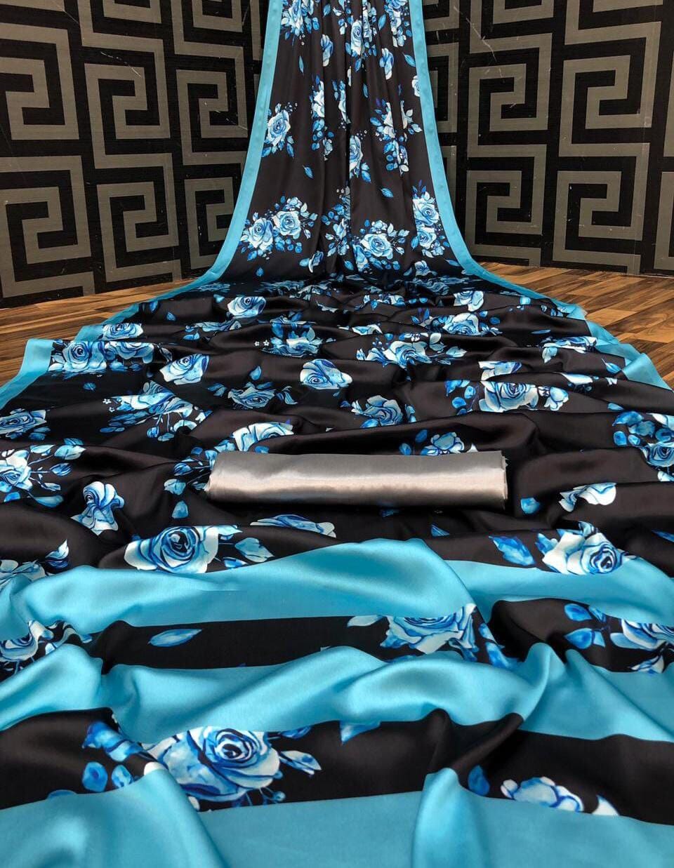 Black Stripe Blue Digital printed Japan Satin Saree with Satin Blouse Satin Saree Shopin Di Apparels 