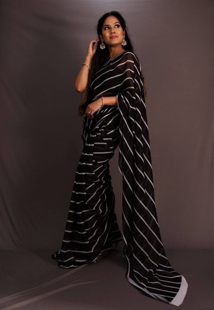 Black Stripe Digital Printed Soft Georgette Saree shopindi.sg 