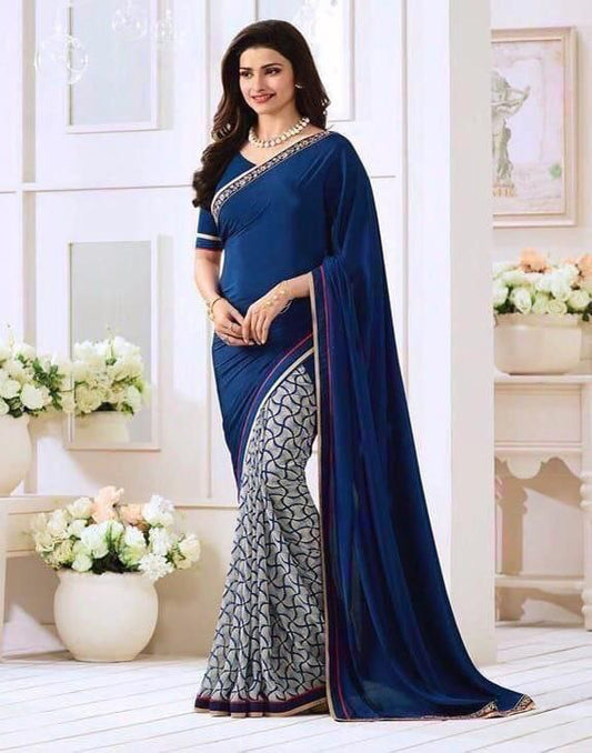 Blue and Grey Half Half Georgette Saree Saris & Lehengas Shopindiapparels.com 