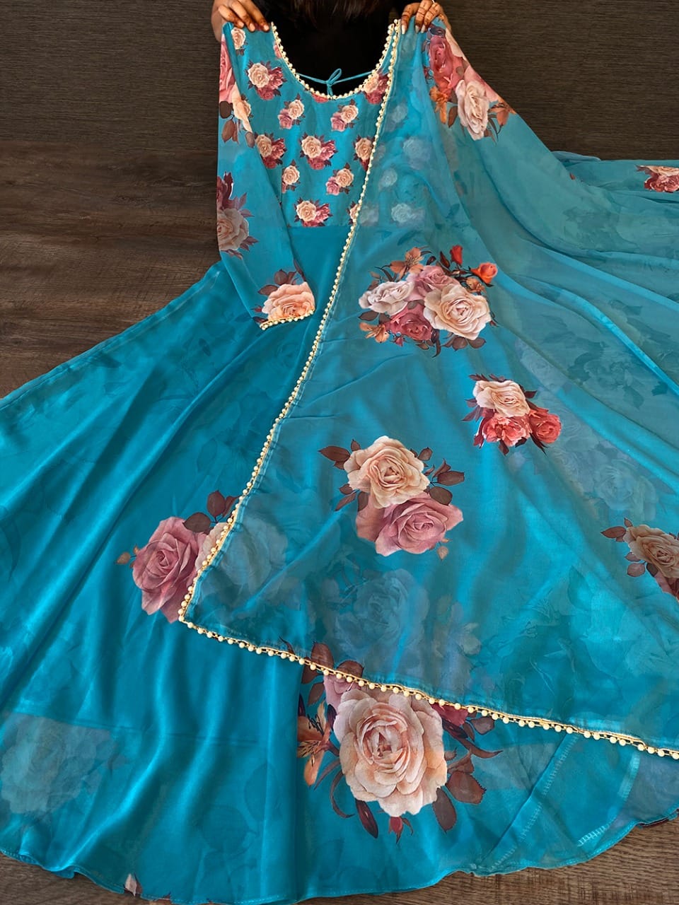 Blue Beautiful Georgette Gown with Floral Digital Printed Dupatta Gown with Dupatta Shopindiapparels.com 