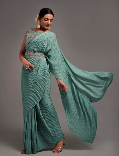 Blue Crush Chinon saree with heavy multi sequins work blouse and Qamar belt Designer Saree Shopin Di Apparels 