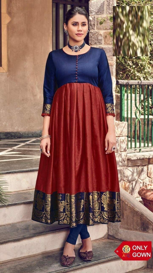 Blue Designer Lichi Silk Jaquard Gown with creap inner Gowns Shopindiapparels.com 