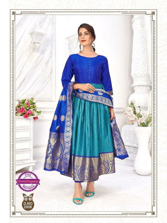 Blue Designer Silk Gown with Banarasi Dupatta Gowns Shopindiapparels.com 