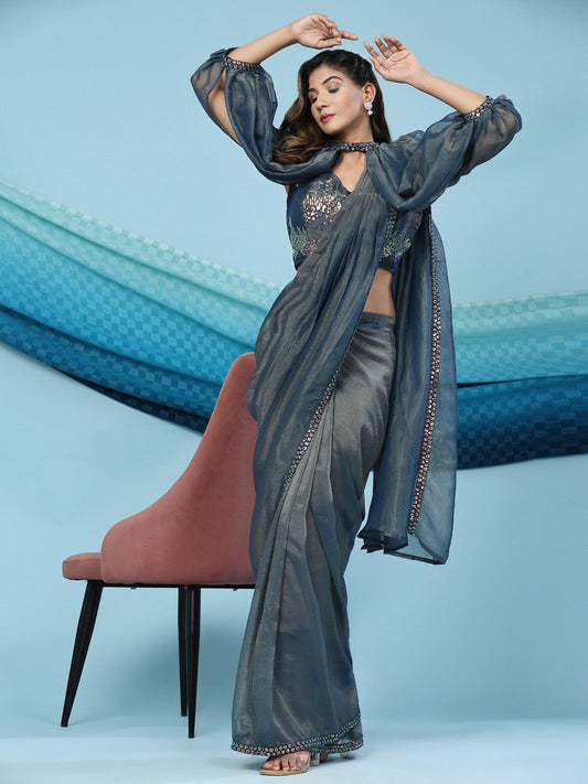 Blue Fancy Ready To Wear Designer Saree with Necklace Sleeves Ready to Wear Saree Shopin Di Apparels 