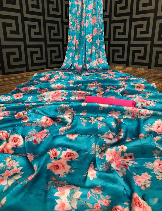 Blue Floral Digital printed Japan Satin Saree with Satin Blouse Satin Saree Shopin Di Apparels 