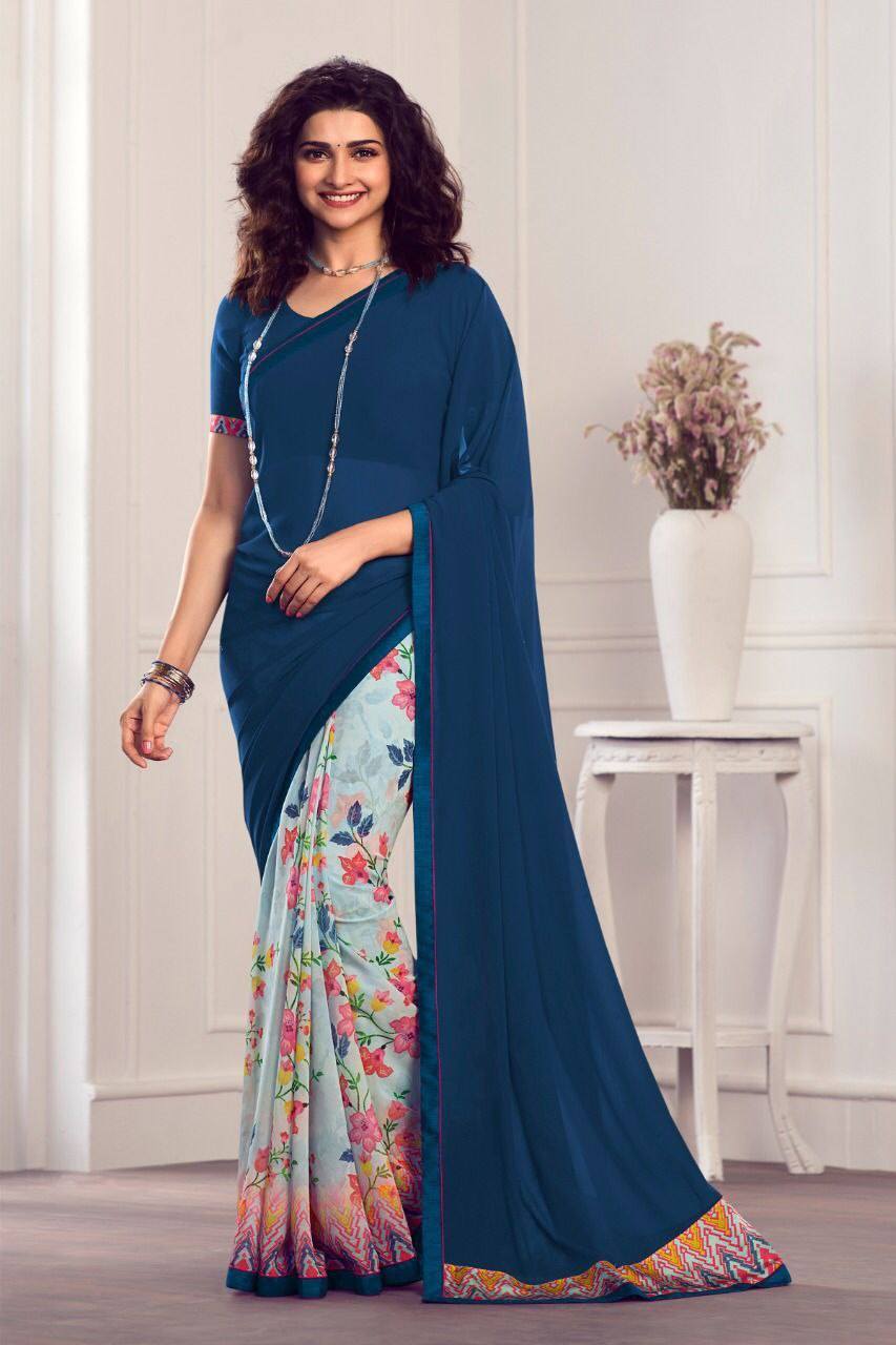 Blue Heavy Georgette Silk Half Half Saree Designer Saree Shopindiapparels.com 