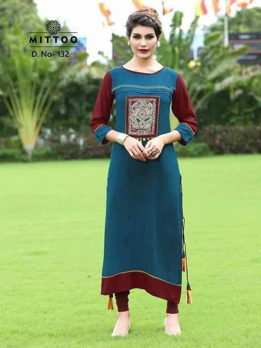 Blue Maroon Long Heavy Rayon Kurti  - Shopindiapparels.com