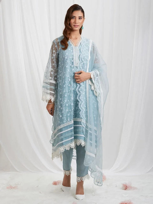 Blue Organza Silk Designer Suit with Lace work Designer Suits shopindi.sg 