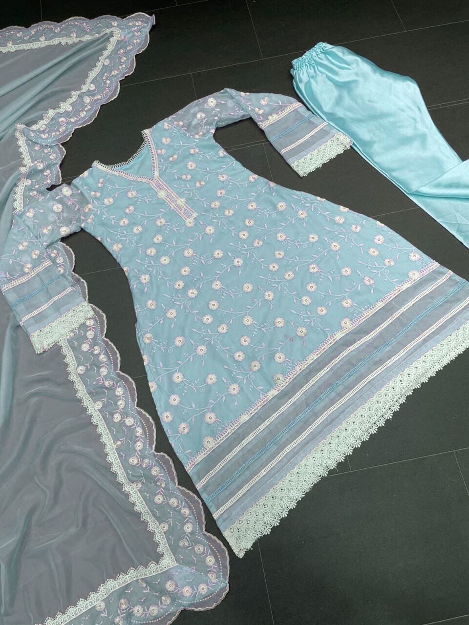 Blue Organza Silk Designer Suit with Lace work Designer Suits shopindi.sg 
