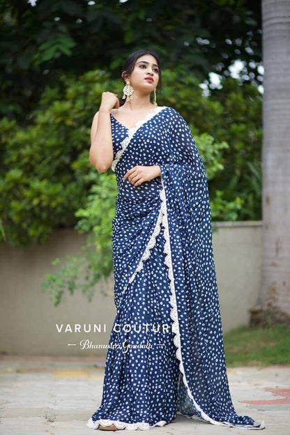 Blue Printed Georgette Saree with Heavy Cutwork Lace shopindi.sg 