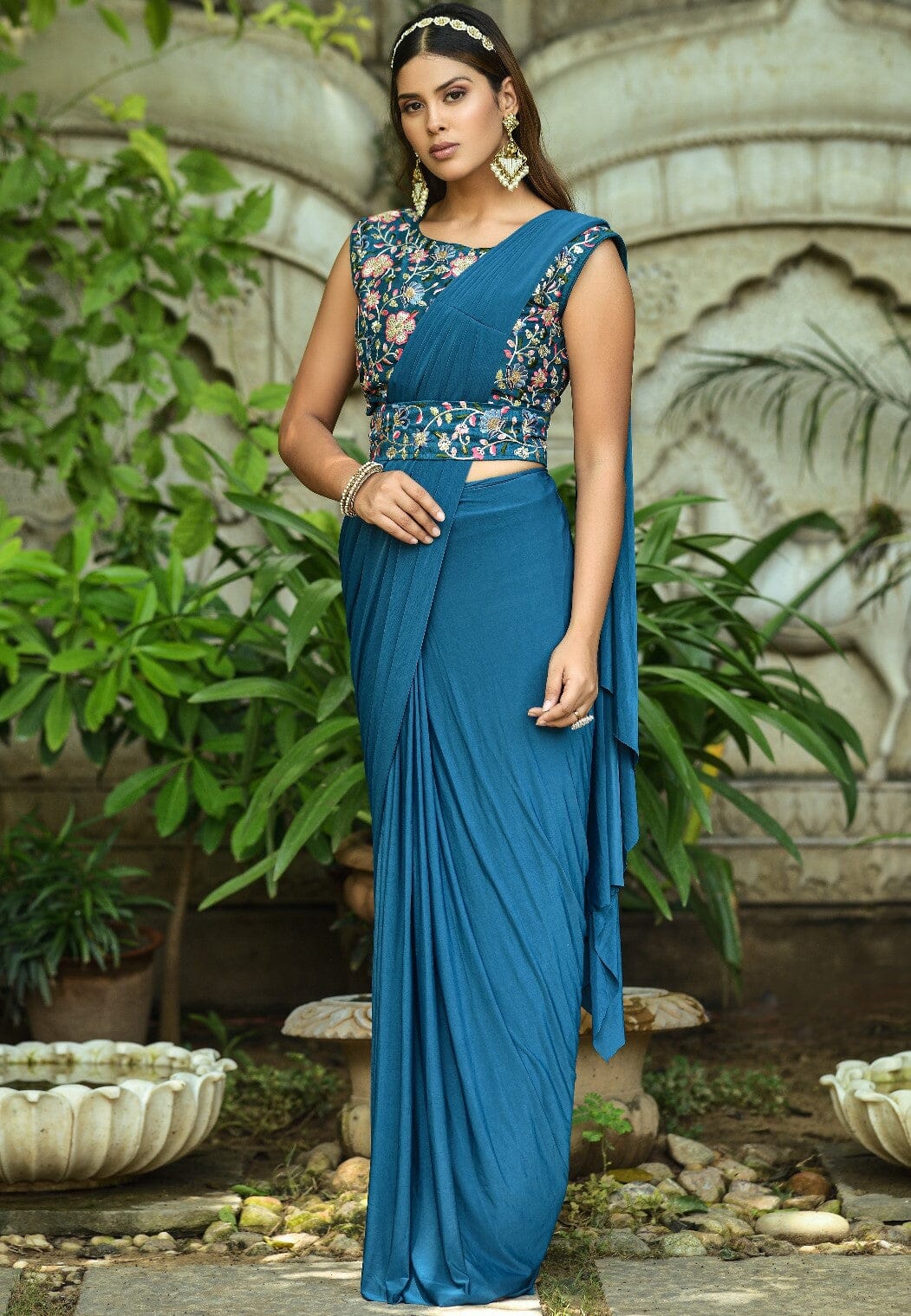 Blue Solid Pleated Designer Ruffle Ready To Wear Saree Ready to Wear Saree Shopin Di Apparels 