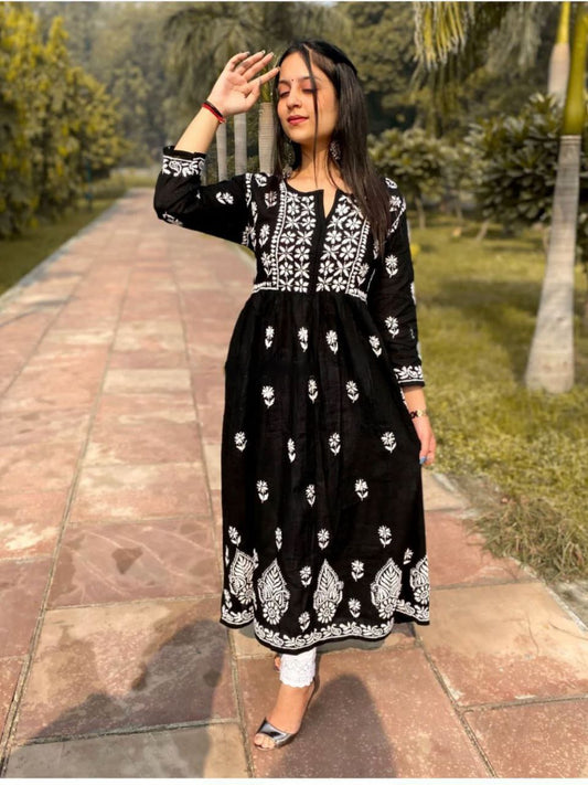 Chikankari Rayon Cotton Anarkali Gown with Pant Set Kurti and Pant Shopindiapparels.com 
