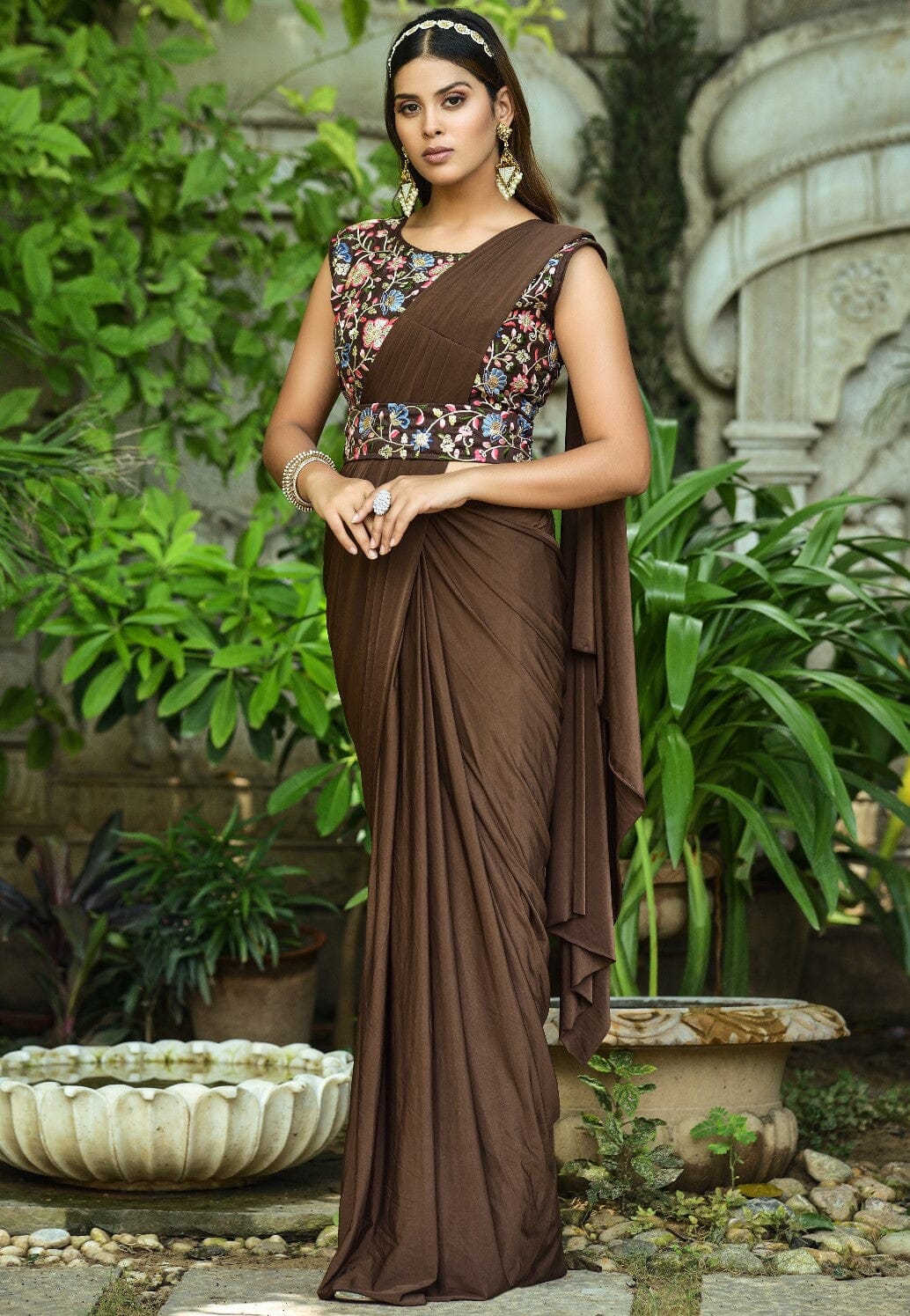 Chocolate Brown Solid Pleated Designer Ruffle Ready To Wear Saree Ready to Wear Saree Shopin Di Apparels 