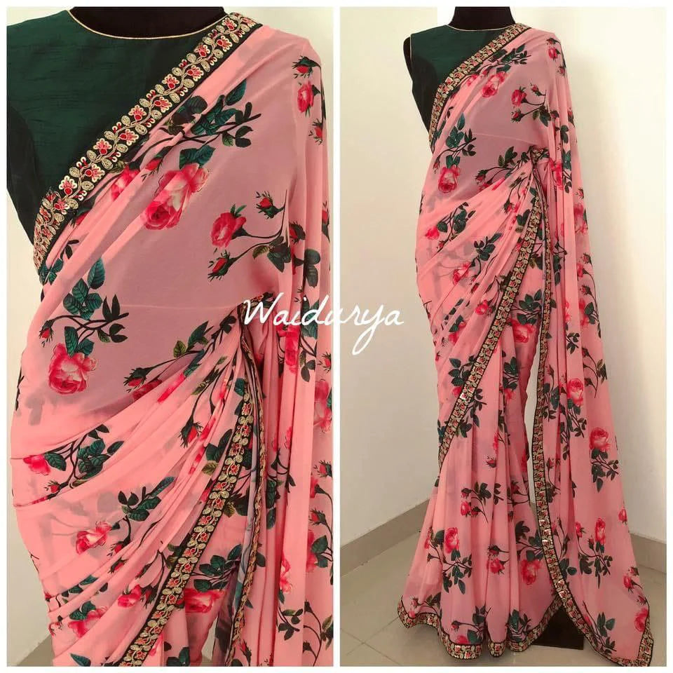 Coral Pink Floral Printed Heavy Weightless Saree With embroidery lace shopindi.sg 