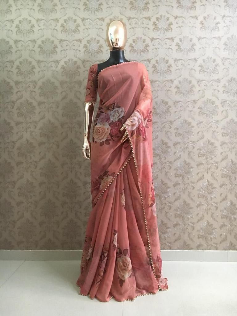 Coral Pink Georgette Saree with Rose Prints and Pearl lace border work Saris & Lehengas Shopindiapparels.com 