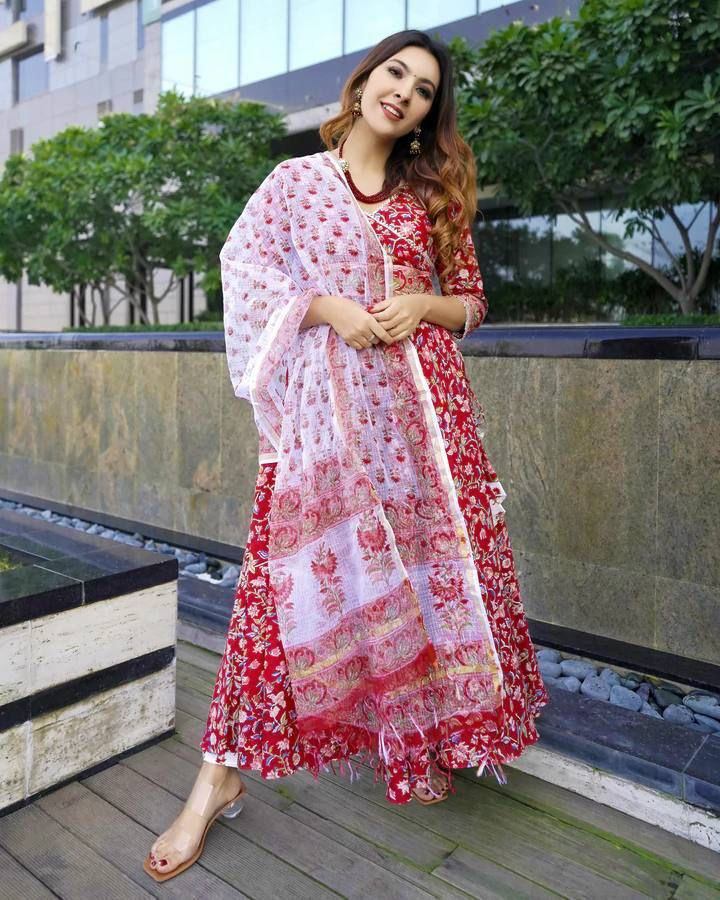 Cotton Anarkali Gown with pant and Dupatta Suit designer suits Shopindiapparels.com 