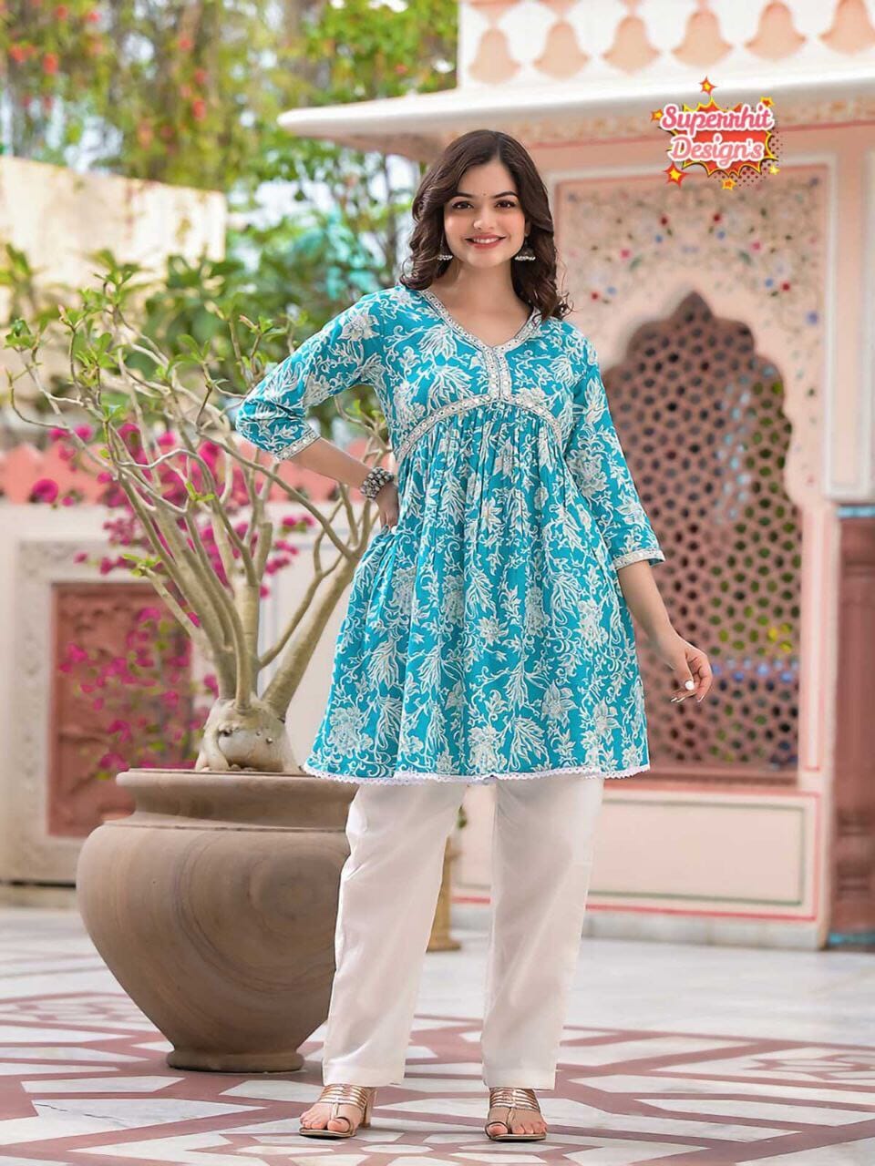 Cotton Printed and Embroidered A line Top with Pants in 3 colors Kurti with Pant Shopin Di Apparels 