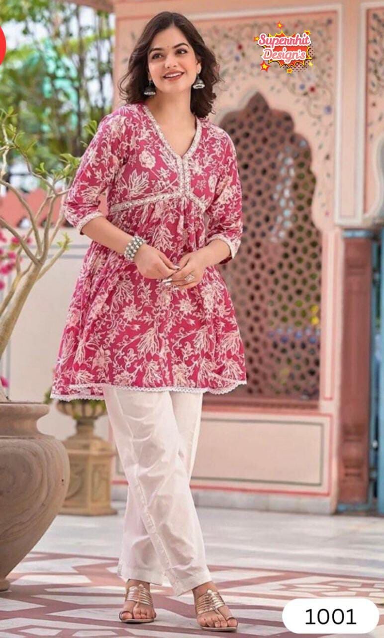 Cotton Printed and Embroidered A line Top with Pants in 3 colors Kurti with Pant Shopin Di Apparels 