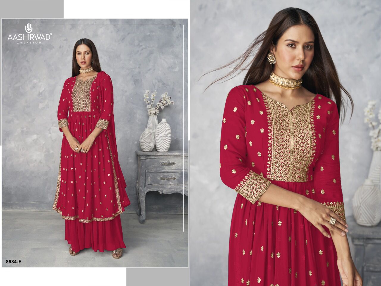 D 8584 Fox Georgette Badla Work and Frill Plazzo Suit in 5 colors Designer Suits AASHIRWAD 